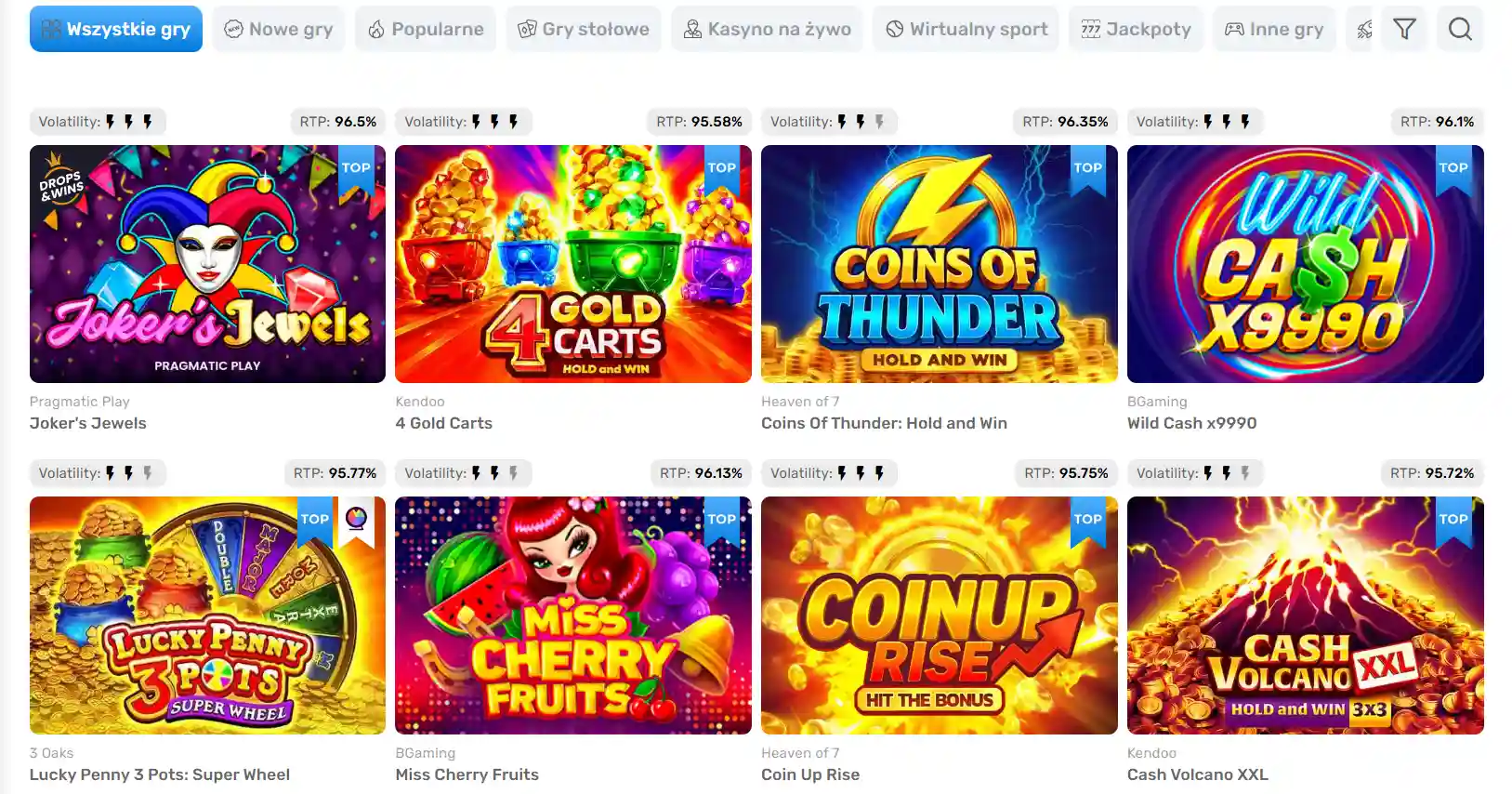 Aktualny katalog gier SpinBounty z widocznymi kategoriami lub dostawcami