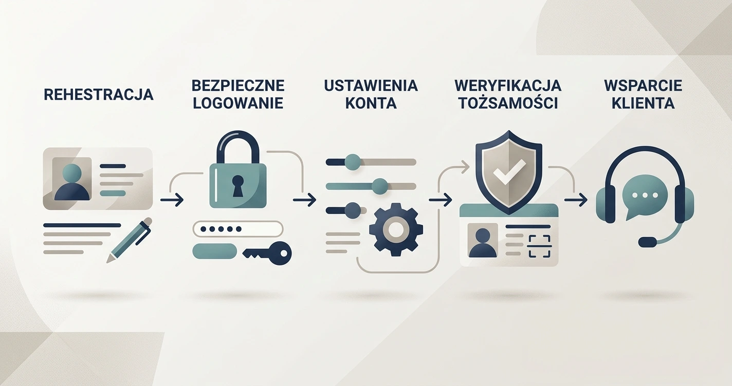 Neutralna ilustracja ścieżki od rejestracji przez logowanie i ustawienia konta do KYC oraz wsparcia