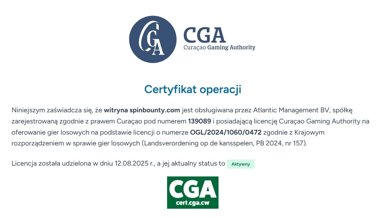 Oficjalny certyfikat Curaçao Gaming Authority dla domeny spinbounty.com