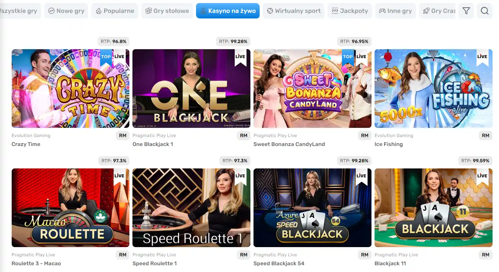 Aktualna sekcja Kasyno na żywo w SpinBounty z kategoriami stołów