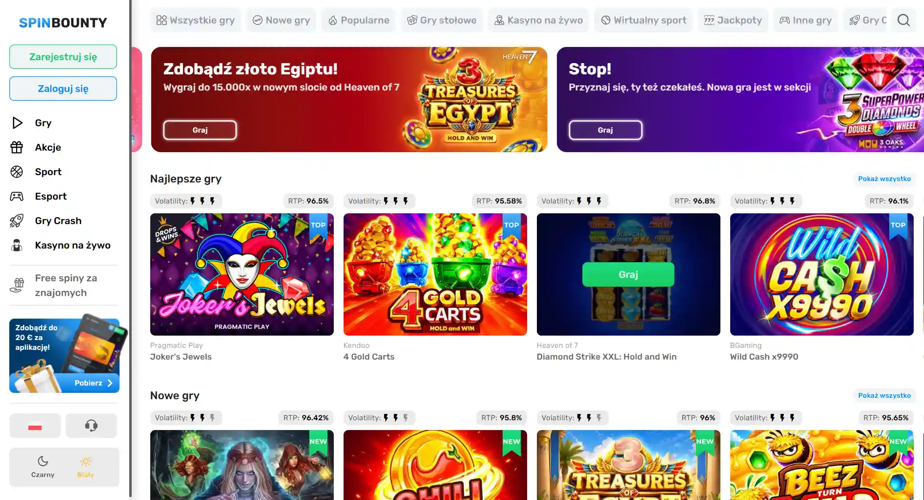 Aktualny interfejs SpinBounty z główną nawigacją i kategoriami produktu