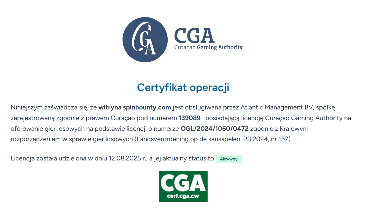 Oficjalny certyfikat Curaçao Gaming Authority dla domeny spinbounty.com